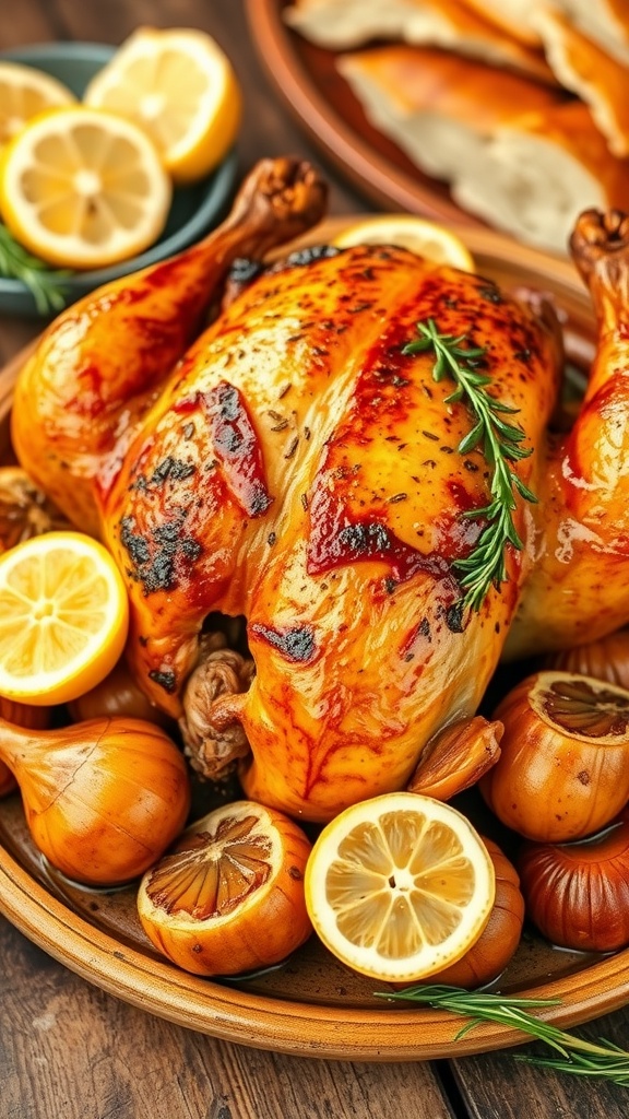Roasted chicken with 40 cloves of garlic, garnished with herbs and lemon on a wooden table.